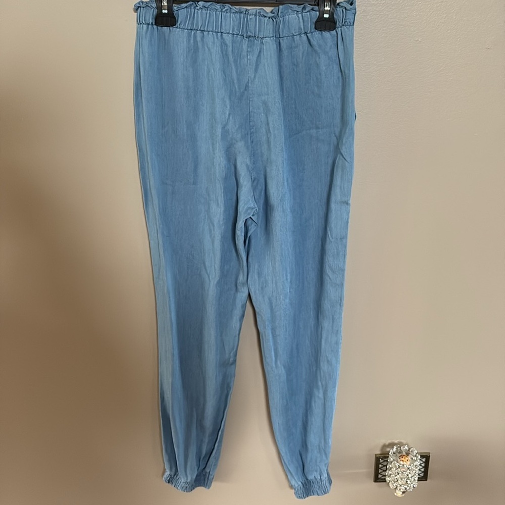 Denim Blue Drawstring organic RAYON jogger Pants pull on elastic waist belt Med - Picture 7 of 14